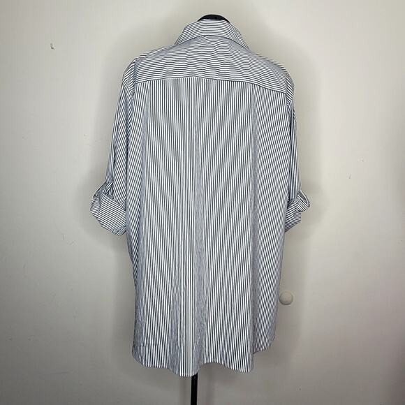 Calvin Klein 3X Black White Pinstripe Button Up Roll Tab Collared Top Vaudeville - Picture 6 of 10